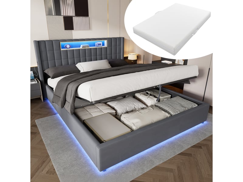  Lit pour enfant 180 × 200 cm 2 places avec matelas et fonction de recharge, lit rembourré avec compartiments ouverts et éclairage led, lit double avec coffre de rangement, gris  - Conforama B