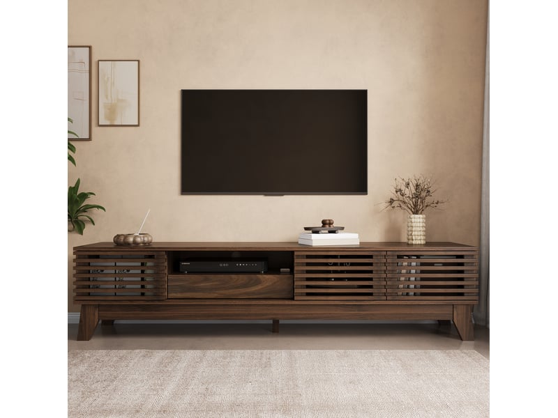  Meuble tv en mdf coloris noyer, 170 x 35 x 40 cm, 3 portes, 1 tiroir et niches ouvertes  - Conforama C
