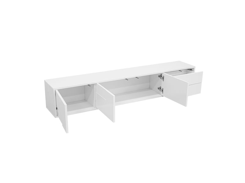  Meuble tv bas blanc brillant 170 cm – 3 portes et 2 tiroirs – à poser ou mural  - Conforama E