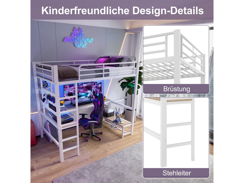  Lit mezzanine 90x200 cm blanc, avec bureau, rangements, panneau perforé, échelle, led, usb-c, structure métal, sommier inclus, sans matelas  - Conforama D