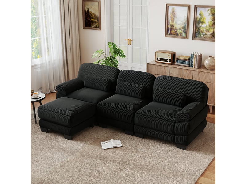 Canapé d'angle 3 places en l avec 1 pouf, coussin lombaire épais, assise profonde, tissu confortable, noir, pour salon - Conforama E