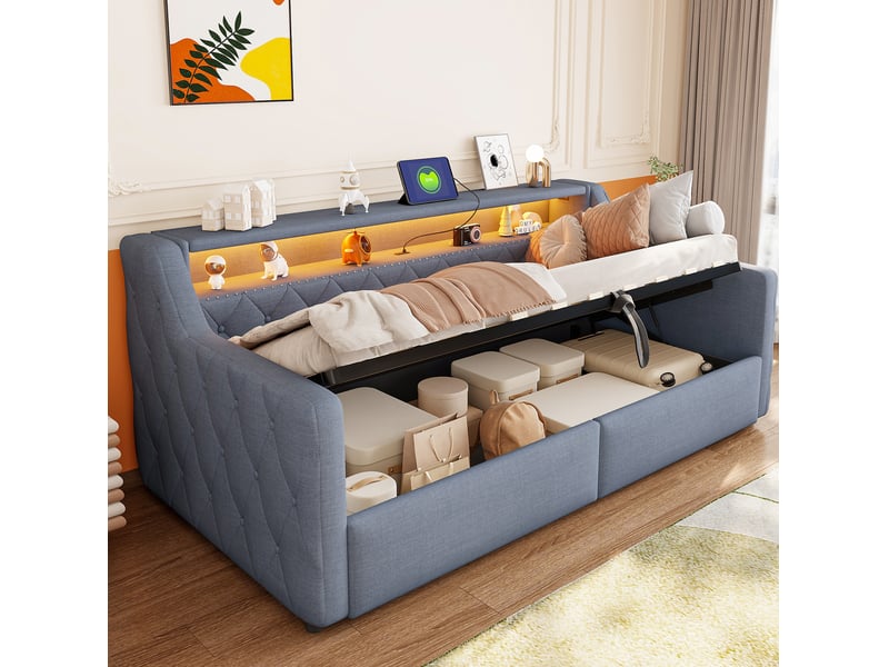  Lit simple 90x200 cm avec rangement hydraulique et led en lin et mdf gris  - Conforama B