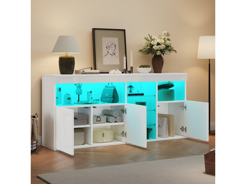  Buffet salon blanc laqué 155 cm avec éclairage led, meuble de rangement 3 portes et étagères en verre  - Conforama D