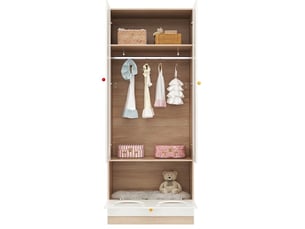 Armoire enfant 2 portes avec penderie et tiroirs, 80x50x200 cm, finition bois et blanc