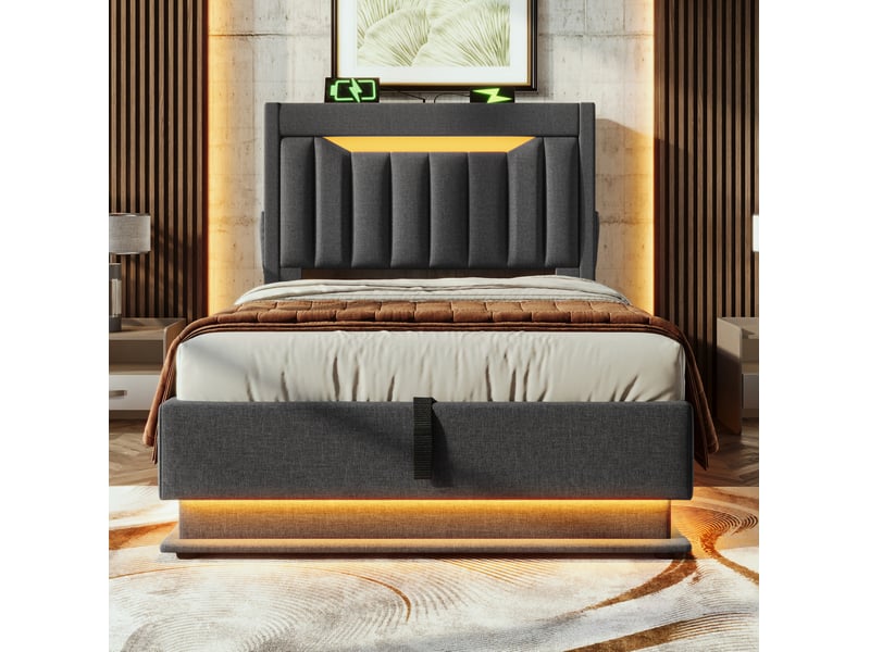  Modenvie lit coffre 90x200 cm - avec led, ports usb-c et rangement, matelas inclus - gris  - Conforama E