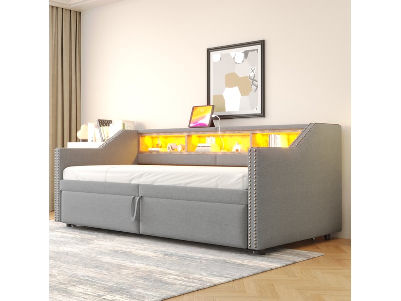  Canapé-lit extensible 90180 x 200 cm gris clair avec led et port usb  - Conforama C