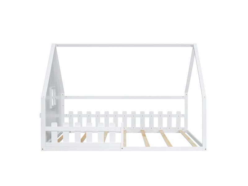  Lit enfant blanc 140x200 cm style maison, pin, garde-corps et cadre décoratif  - Conforama A