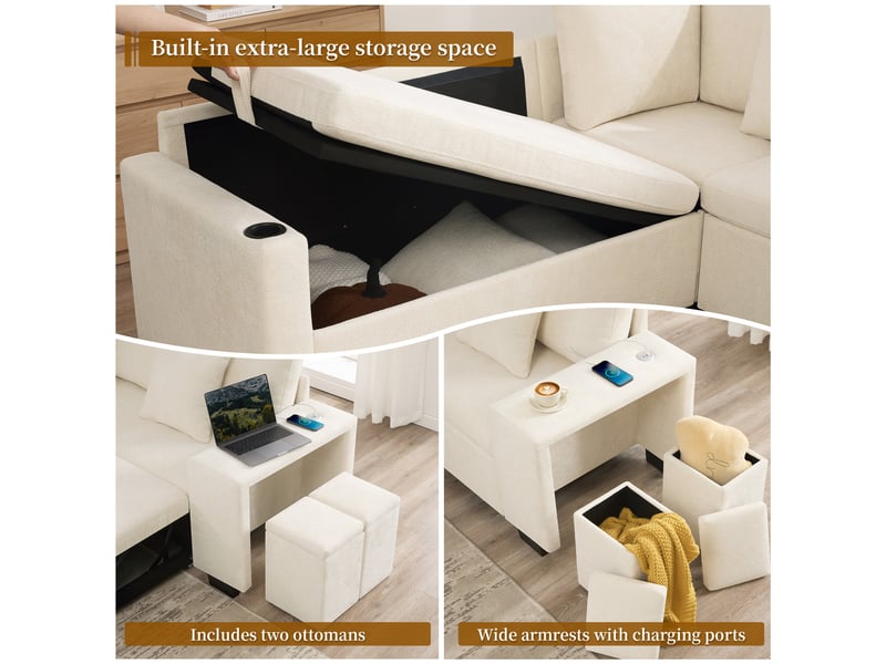  Canapé d’angle convertible avec rangement 220x205x86,5 cm méridienne réversible, coffre de rangement, usb et usb-c, chenille, beige Radiant Stride - Conforama E