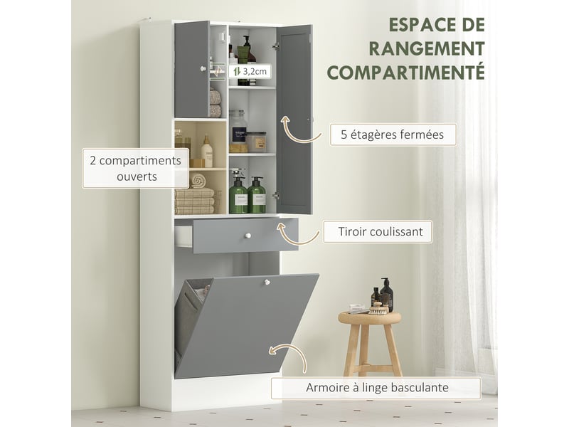 Meuble de salle de bain avec panier à linge et miroir étagère réglable 62 x 28,3 x 181 cm gris et blanc - Conforama D