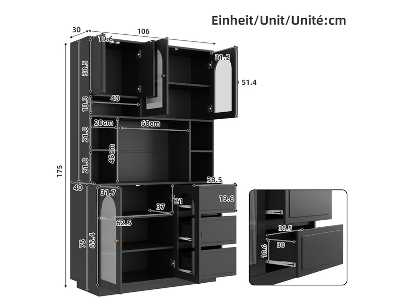  Buffet haut avec portes en acrylique, led et 3 tiroirs mdf noir 106x30x175 cm  - Conforama C