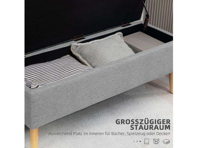  Banc coffre 110x39x45 cm, banc de lit moderne, pieds en bois, assise rectangle, meuble chambre, polyester, gris clair  - Conforama E