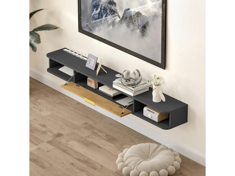 Meuble tv aruelelle suspendu design niches porte relevable gris charbon  - Conforama E