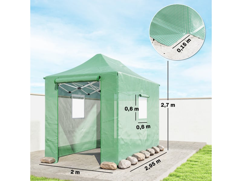  Serre pliante pliable en aluminium d'environ 200 x 300 x 270 cm, avec toit en pente, portes et fenêtres à fermeture éclair.  - Conforama E
