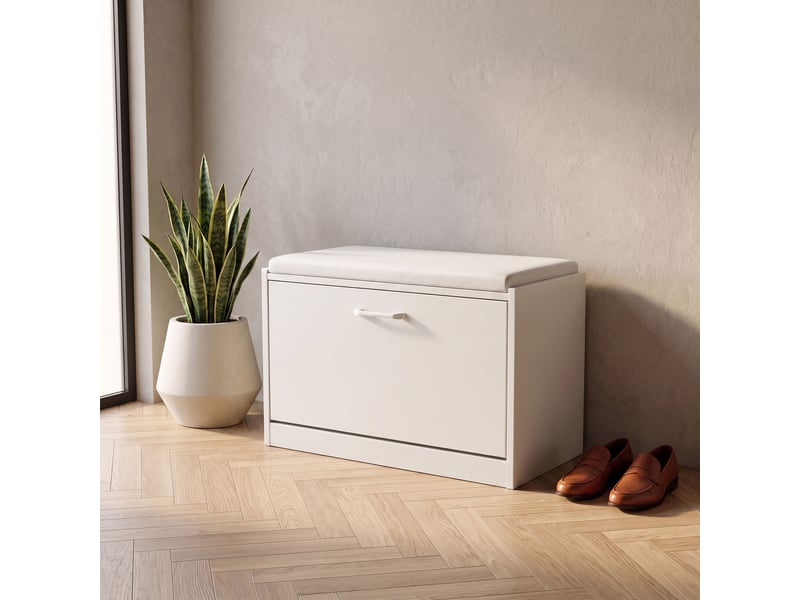  Kaizen - banc d'entrée avec étagère à chaussures 63x47x30 cm, étagère à chaussures pour 9 paires avec coussin en bois blanc  - Conforama B