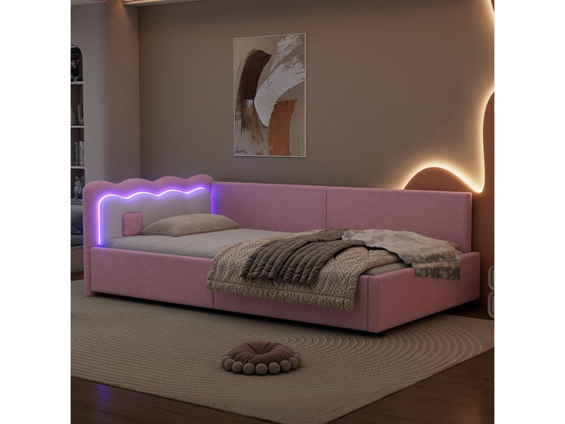 Canapé lit 90x200cm, lit 1 place avec led, tête de lit et sommier, lit enfant et adulte, tissu+mdf rose, sans matelas - Conforama D