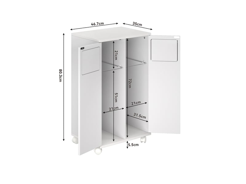 Meuble de tri des déchets 46,7 x 35 x 80 cm blanc brillant mdf, 2 compartiments sur roulettes cuisine - Conforama C