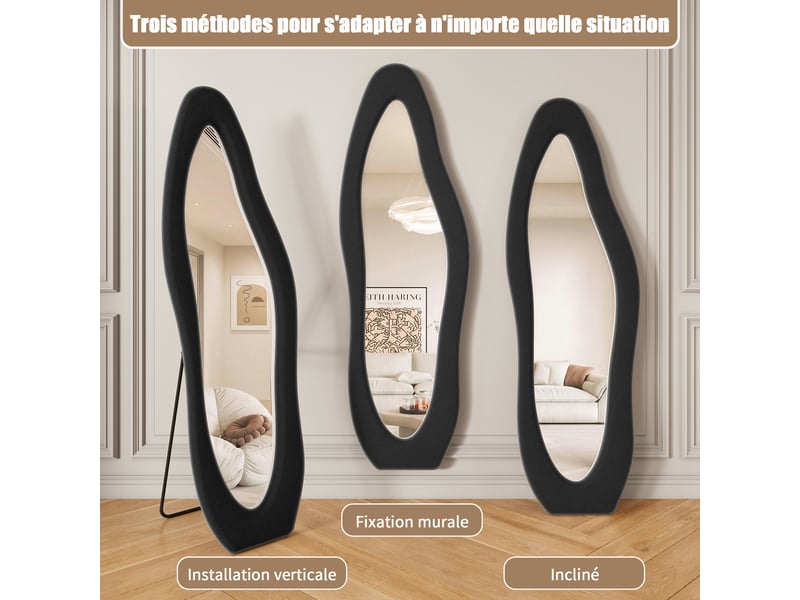  Miroir sur pied 160x50 cm noir,miroir décoratif ,ondulé irrégulier,grand miroir mural avec cadre en flanelle  - Conforama W