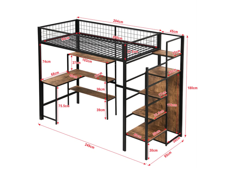  Lit mezzanine enfant 90 x 200 cm - lit simple avec bureau et placard de rangement - cadre métallique stable et sécurisé - sans matelas - noir  - Conforama C