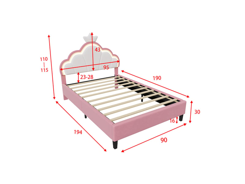  Lit enfant 90x190 cm, lit princesse avec led rgb, tête de lit réglable, forme de couronne et nuage, en velours, sommier à lattes, rose et blanc  - Conforama E