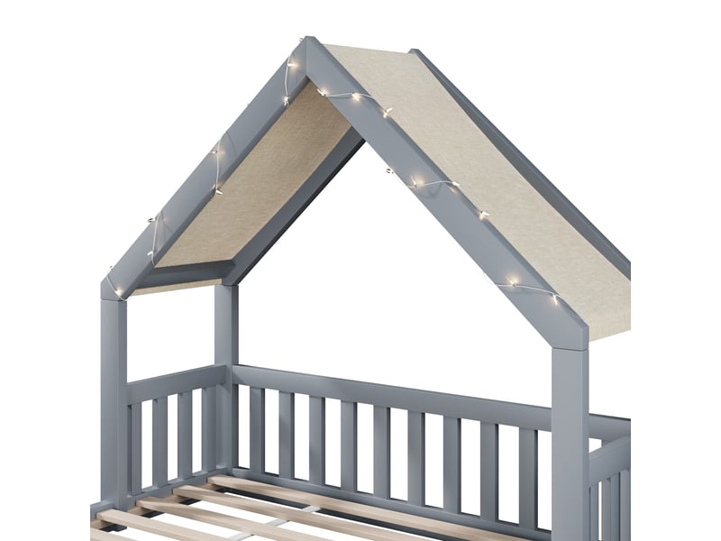  Lit cabane en bois, 140 x 200 cm, avec toit en tissu et guirlande lumineuse, sommier à lattes inclus, gris  - Conforama E