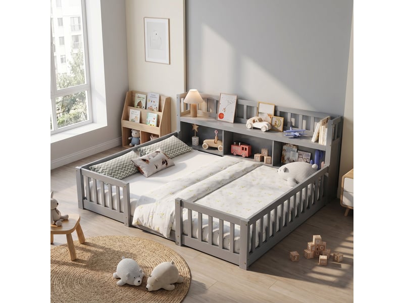  Lit enfant au sol 140x200 cm, lit montessori avec bibliothèque et barrière, lit double, bois, style scandinave moderne, gris  - Conforama B