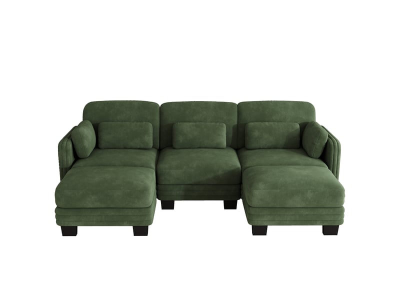  Canapé modulable en u 3 places 253x143x88 cm, 2 poufs, coussins mobiles, multi‑usages, cadre en bois, chenille vert  - Conforama A