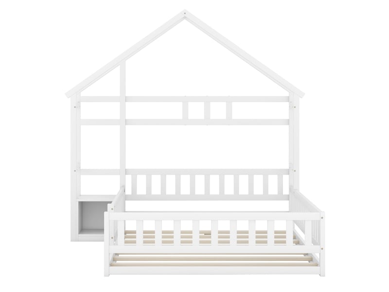  Lit cabane enfant 140x200 en bois massif, lit au sol avec barrière, lit enfant avec table de chevet, design blanc élégant.  - Conforama R