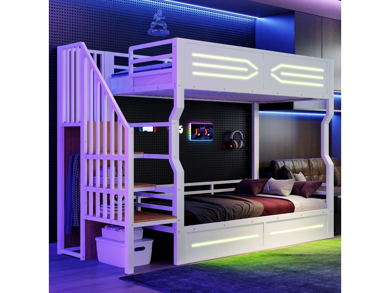  Lit adulte mezzanine 90 200 rangement escalier led métal blanc jeunes compact homvra  - Conforama C