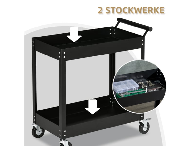  Chariot d'atelier 2 niveaux en acier noir, servante à outils mobile avec poignée latérale, 4 roues, charge 150 kg, 84,5x38x84 cm  - Conforama D