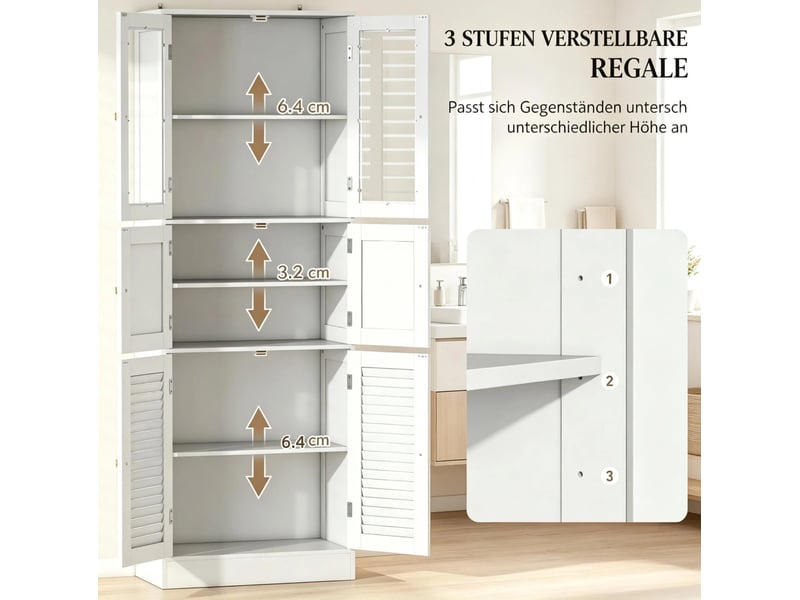  Meuble de salle de bains haut blanc en mdf et verre, 6 portes et rangements réglables pour votre quotidien  - Conforama D