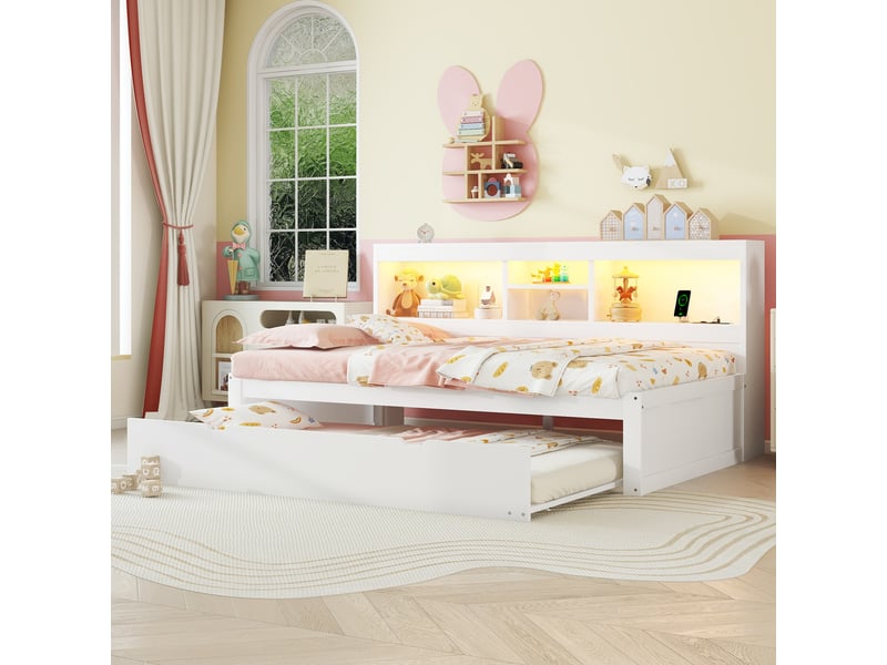 Lit gigogne 90x200 cm - lit adoenfant avec tiroir 90x190, led télécommandée et ports usb - prise électrique et grand rangement intégré - blanc - Conforama D