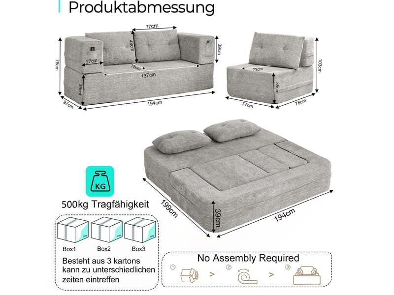 Canapé convertible modenvie modulable 3 places 199 x 194 cm pliable tissu gris clair  - Conforama C