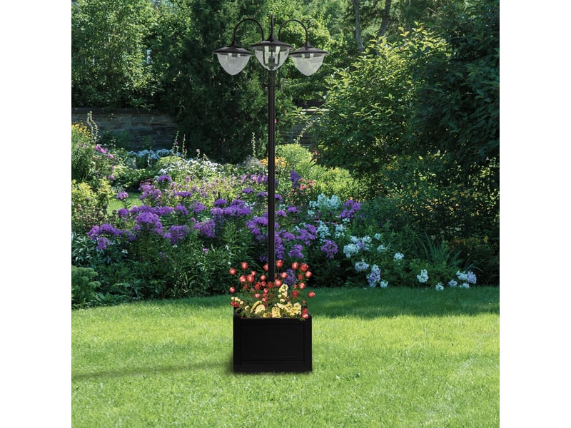  Lampadaire solaire métal, lanterne jardin variateur, 189 cm, anti-vent, ip44, socle pot fleurs, noir.  - Conforama D