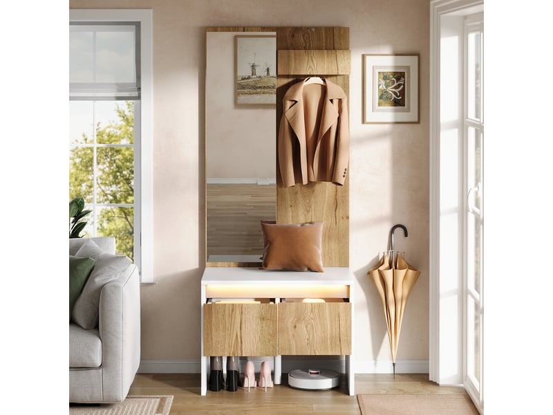 Vestiaire d'entrée avec miroir et banc, porte-manteau sur pied, meuble chaussures 2 tiroirs, blanc 60cm - Conforama D