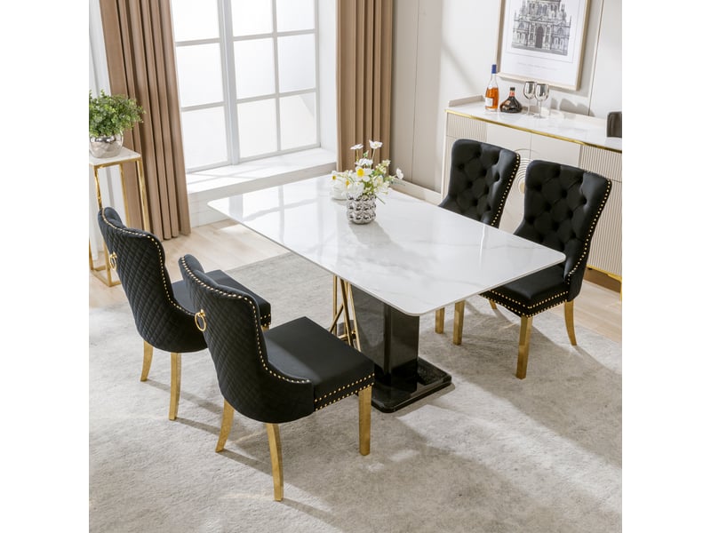  Chaise de salle à manger capitonnée avec anneau décoratif, pieds en acier inoxydable doré et velours noir  - Conforama D
