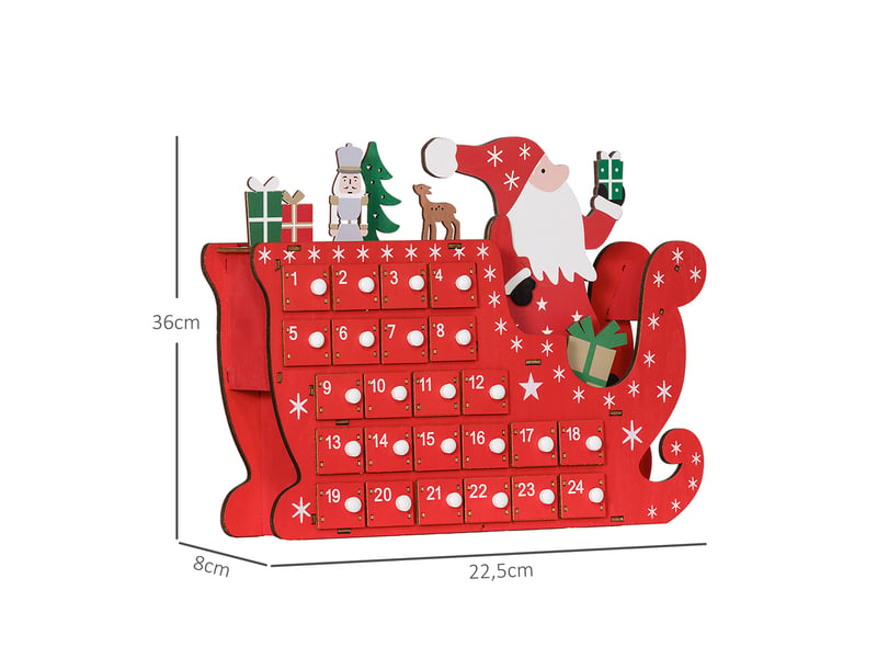 Calendrier de l'avent à remplir en bois, décoration de noël avec 24 tiroirs, père noël et traîneau, 22,5x8x36cm, rouge  - Conforama E