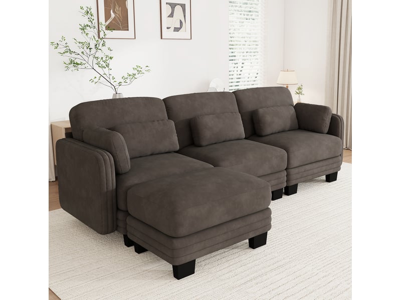  Canapé d’angle modulaire 3 places en chenille marron avec ottomane  - Conforama D