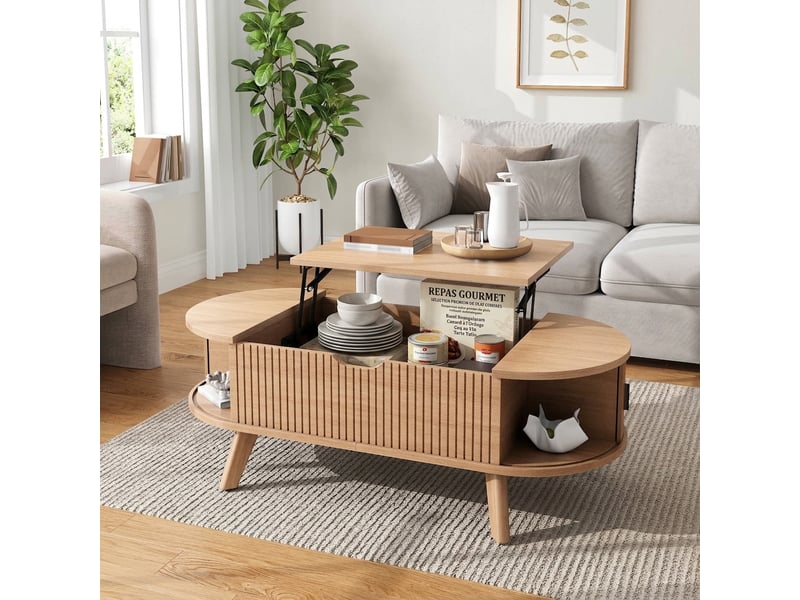 Table basse ovale relevable avec rangement caché et portes coulissantes 110x50 cm naturel - Conforama C