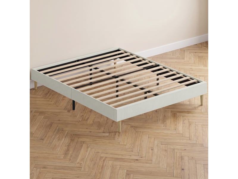  Cadre de lit 140 x 190 cm avec sommier, espace de rangement au-dessous, lit double rembourré en velours côtelé, crème  - Conforama D