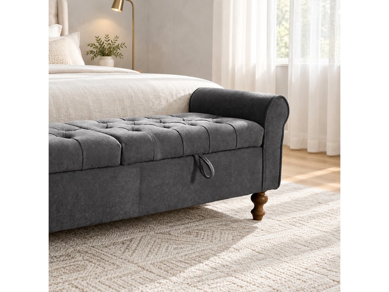  Banquette convertible en velours anthracite 156 x 46 x 51 cm, 2 couvercles rangement,avec accoudoirs roulés  - Conforama D