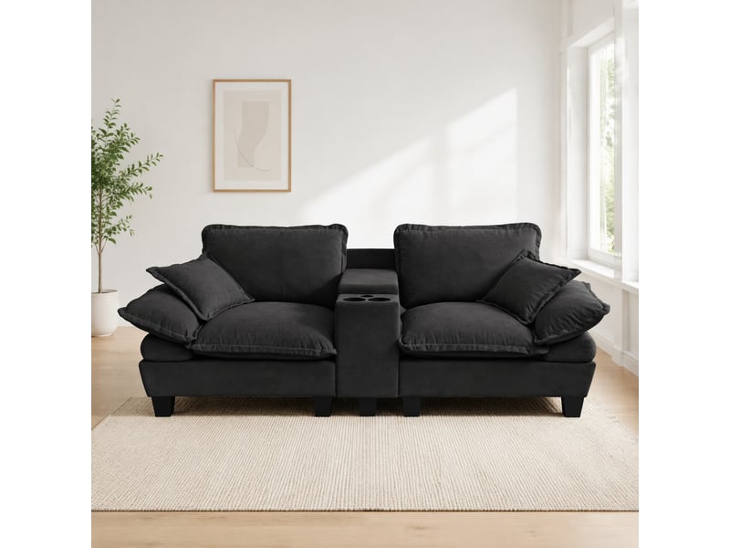  Canapé modulaire 2 places en chenille noir avec rangements, porte-gobelets et ports usb  - Conforama D