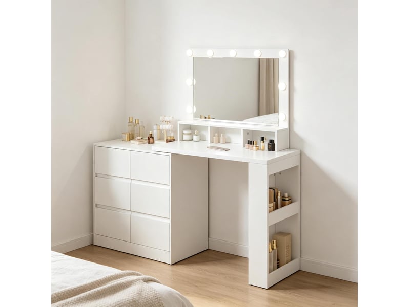  Coiffeuse 90x40x134,5 cm miroir led rectangulaire bois blanc  - Conforama E