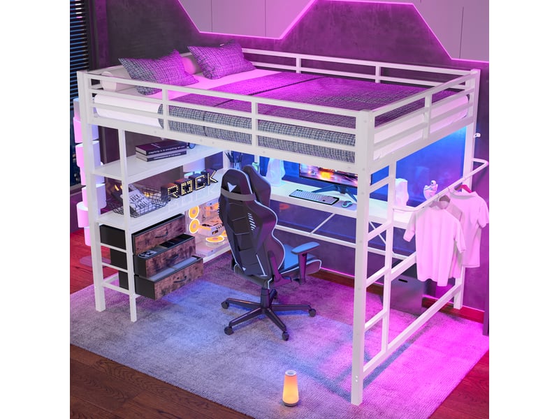 Lit mezzanine 200×140 cm avec bureau, prise et usb, 3 tiroirs, éclairage led, sans matelas, blanc - Conforama C