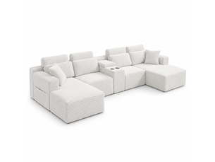 Canapé panoramique modulable compressé 6 places 372x151x80 cm, forme u, 2 porte-gobelets, sans structure, velours côtelé beige