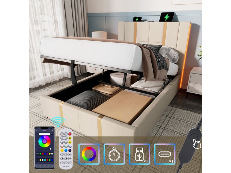  Lit coffre 90x200 cm - lit simple rembourré avec éclairage led et usb type-c - textile en lin - matelas inclus - beige  - Conforama C