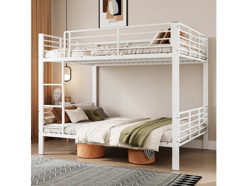  Lit superposé, 140x200 cm, mat, sommier à lattes, échelle, avec garde corps, matelas non inclus, métal, coloris blanc  - Conforama B