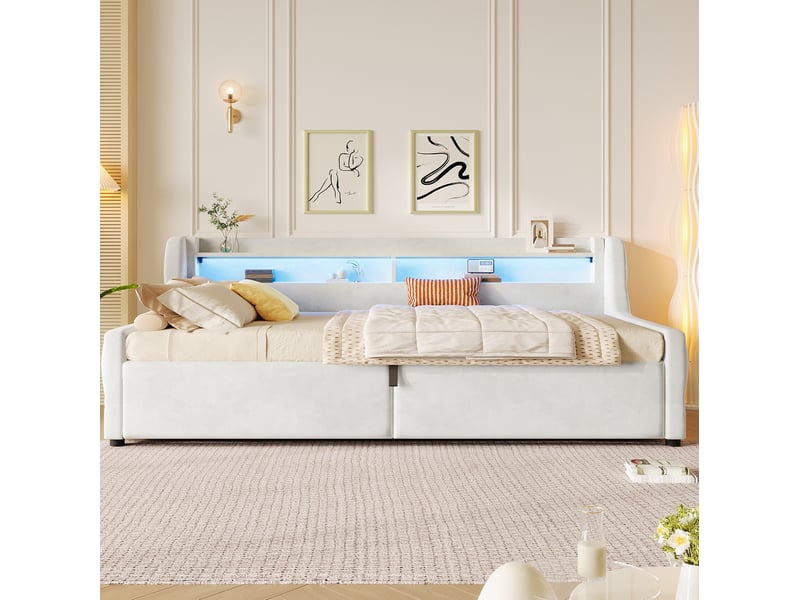  Lit jeune 90x200 cm, avec coffre hydraulique et tête de lit led, design moderne, flanelle, couleur beige, sans matelas  - Conforama B