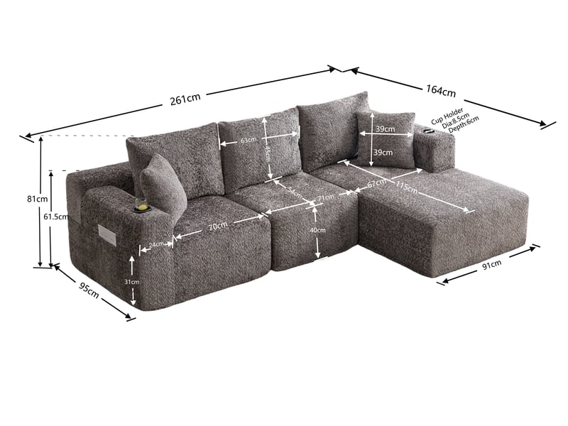 Canapé d'angle modulable 3 places, méridienne, mousse à mémoire de forme, porte-gobelet, sans montage, chenille gris foncé - Conforama C