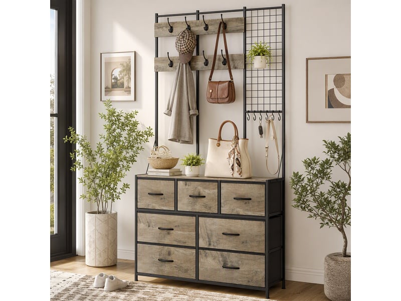 Meuble d'entrée 4 en 1 style industriel multi-rangement métal noir effet bois gris - Conforama D