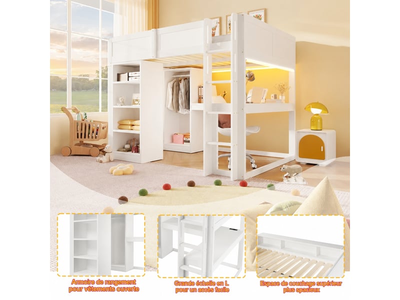 Lit mezzanine 140x200 cm avec bureau en l - armoire ouverte, rangements et led bluetooth, blanc - Conforama R